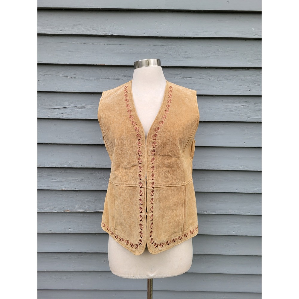 Vintage Outbrook Vest Camel Tan‎ Suede Leather Floral Embroidered Western M 8/10
